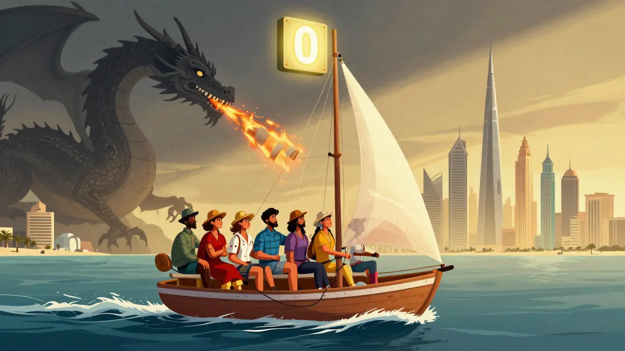 Digital nomads sailing toward UAE on a blockchain-shaped boat, with a zero tax sign and distant IRS dragon behind.