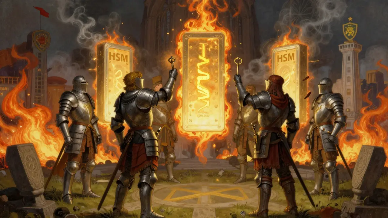 Five armored guardians activate three HSMs with ceremonial keys, while Mt. Gox fades into smoke behind them.