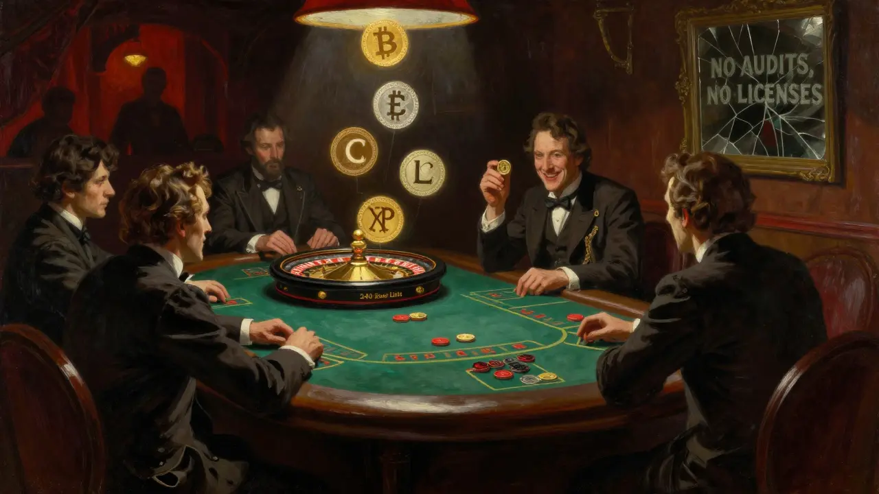 Gamblers in a dim den betting on floating crypto symbols above a roulette wheel marked '240-Hour Limit', one man bankrupt, another triumphant.