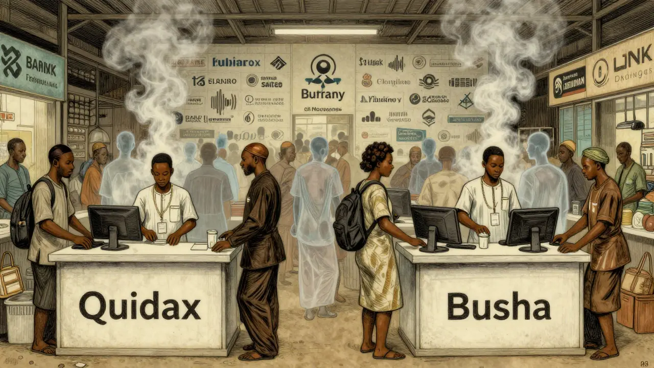 Lagos marketplace with two licensed crypto booths surrounded by fading ghostly exchanges.