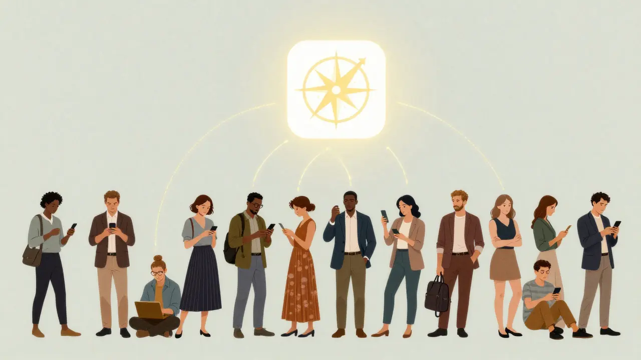 People with golden data trails leading to a compass-shaped Swash app icon.