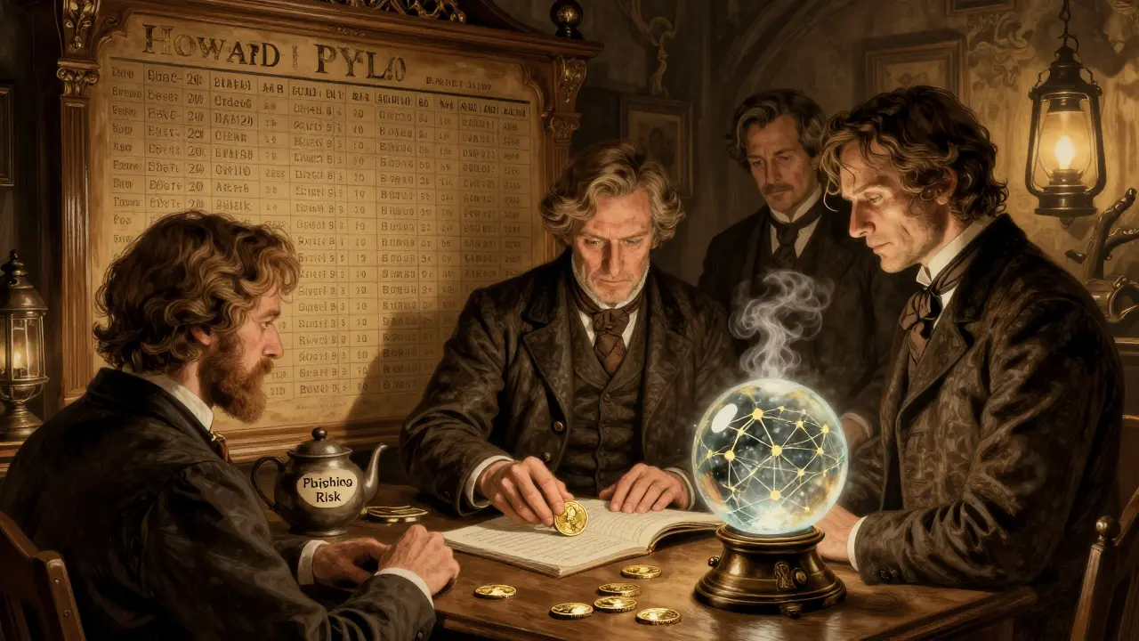 Pioneers gather around a wooden order book filled with token names, lit by lanterns in a dim, steamy room.