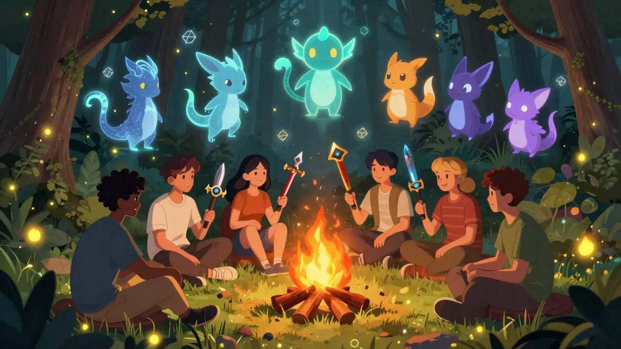 Players around a campfire trading NFT creatures, with spectral game creatures floating in the air as ethereal illustrations.
