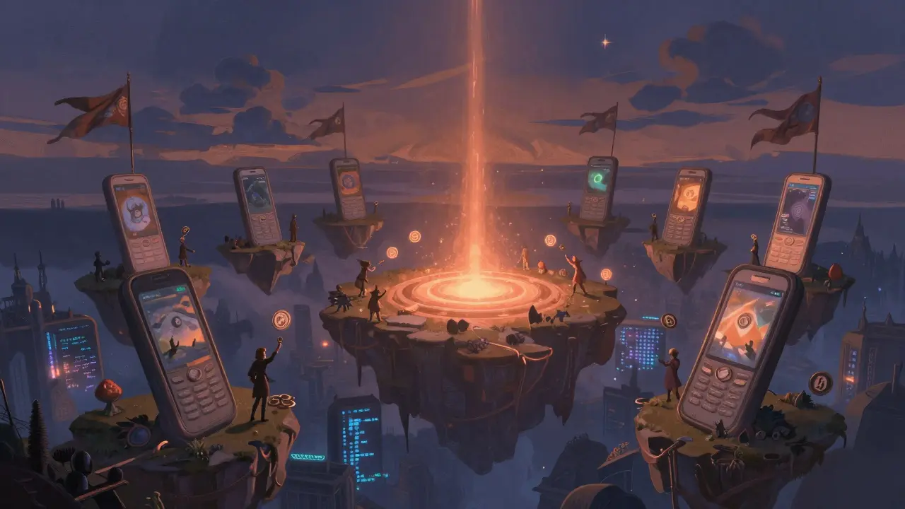 Players on floating phone-shaped islands tossing tokens into a glowing portal under a twilight sky.