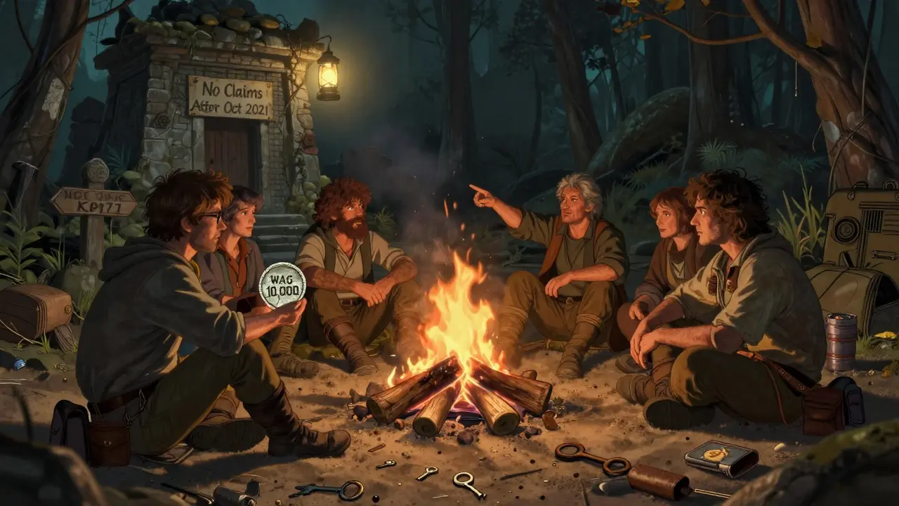 Prospectors around a dying fire holding a broken WAG token, facing a forgotten temple.