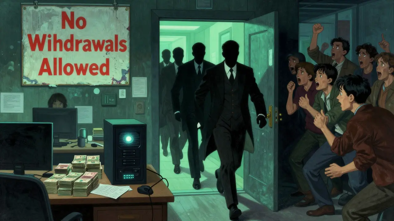 Shadowy figures flee an office filled with VND cash and ignored support tickets as angry customers gather outside.