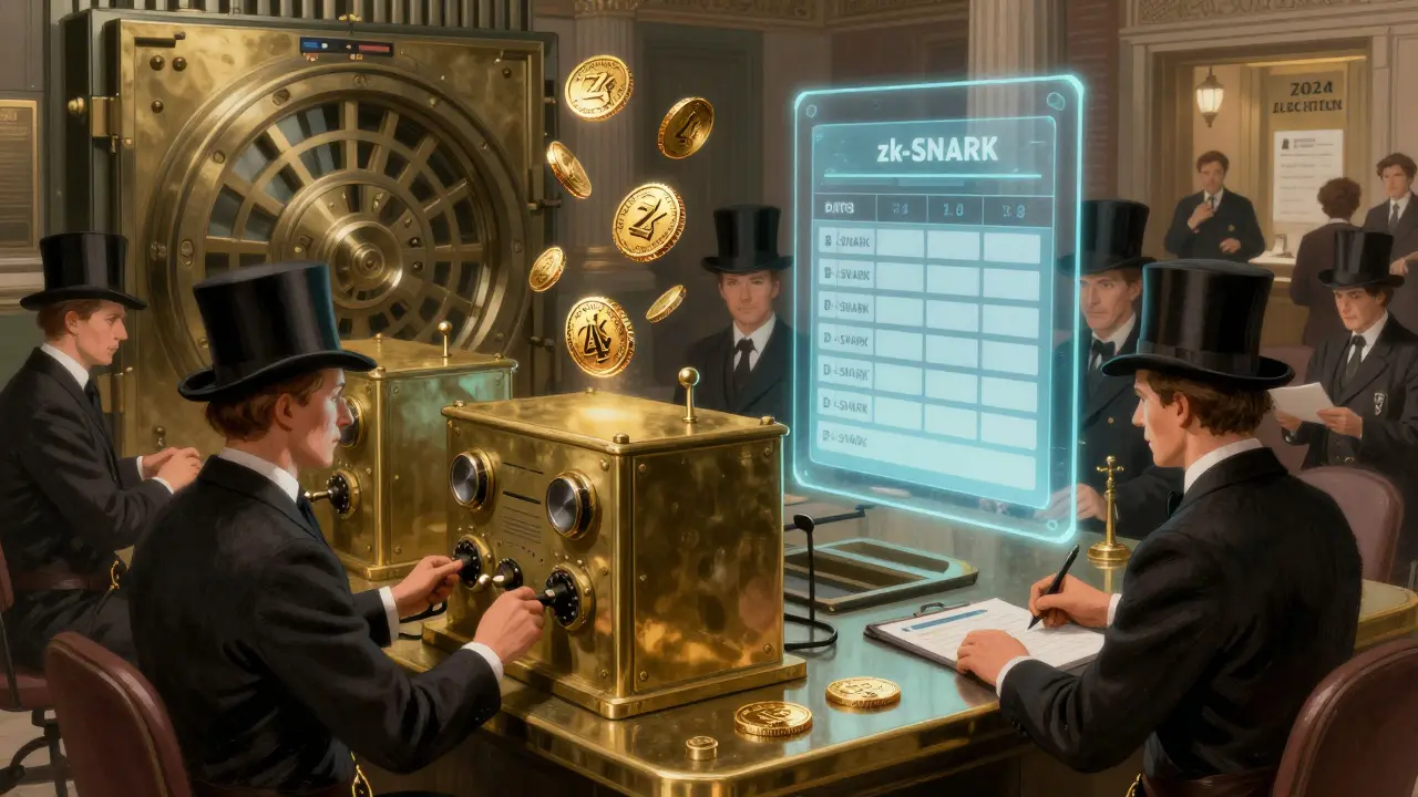 Steampunk bank clerks operate ZK proof machines as holographic votes tally without names, representing private blockchain elections.