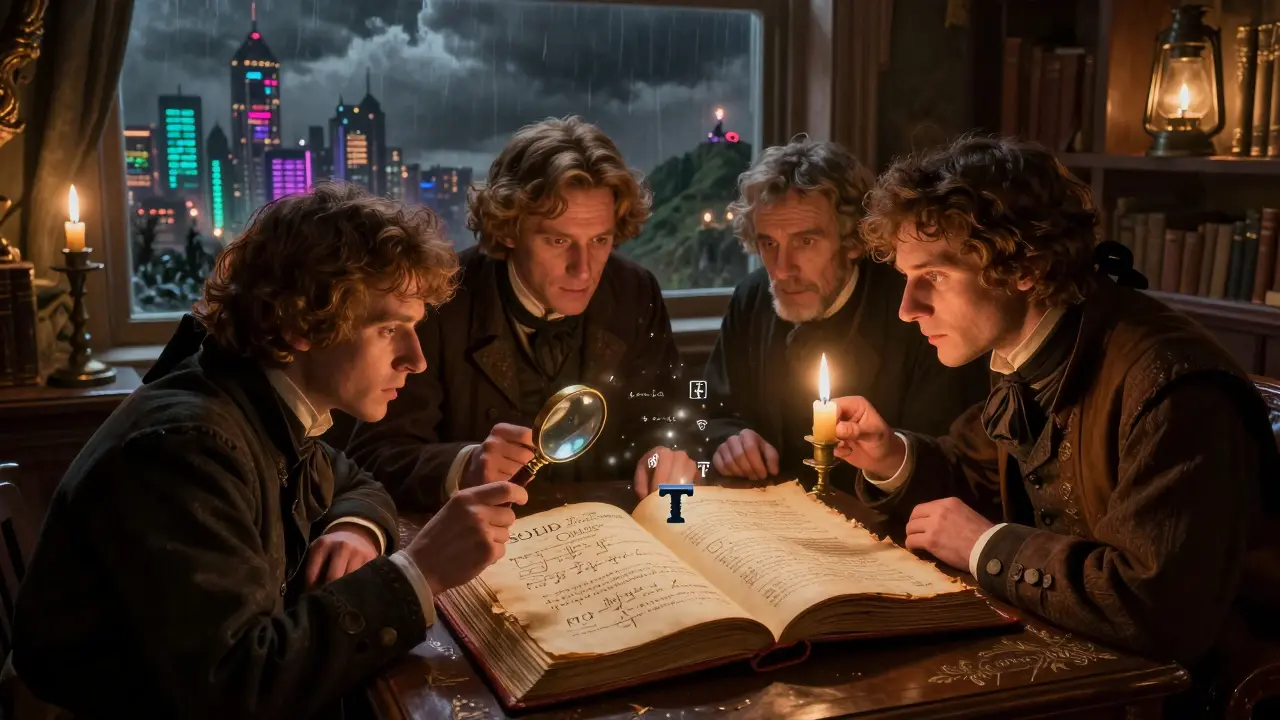 Three scholars examine an ancient ledger of failed token emissions, candlelight glowing on NFTs and distant rival DEXs.