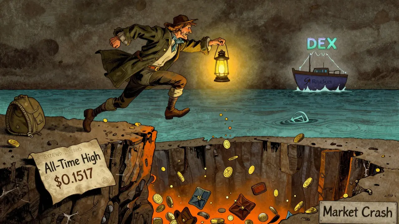 Trader leaping from a cliff labeled 'All-Time High' into a sea of falling coins, holding a glowing SOL token.
