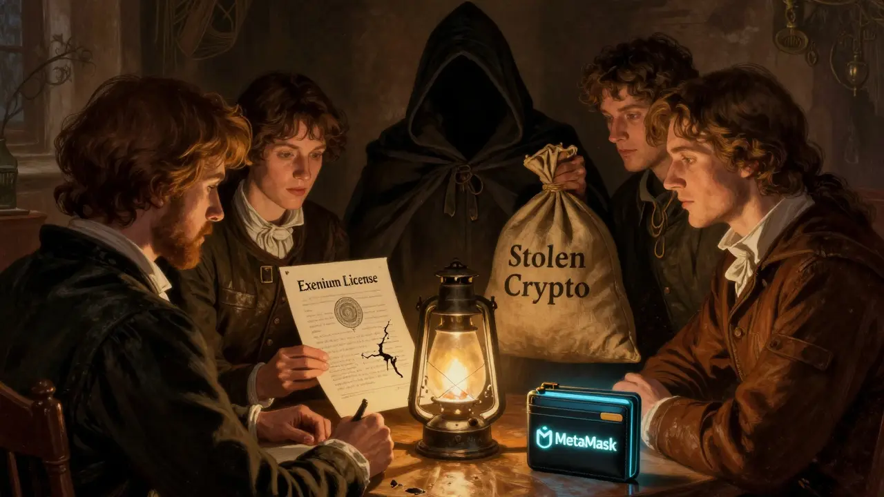 Traders examine a forged crypto license under a lantern while a shadowy figure holds stolen crypto, and a safe wallet glows in the foreground.