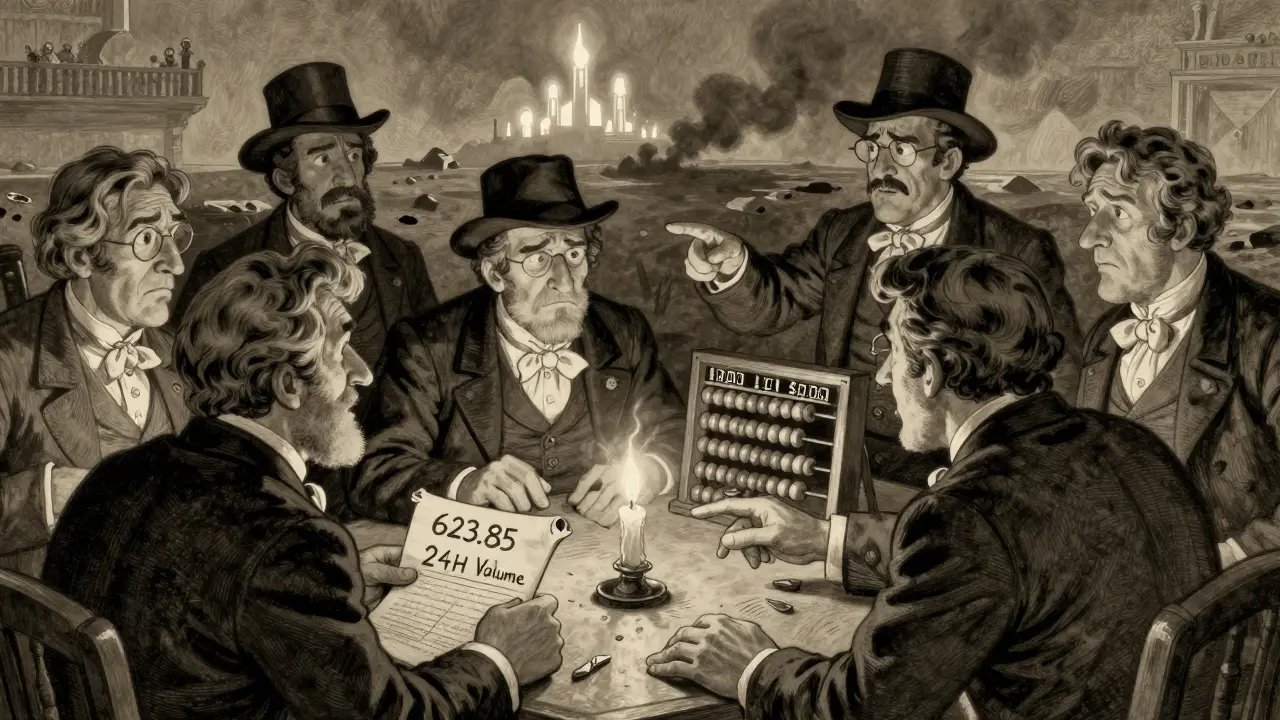 Traders gathered around a ledger showing near-zero volume, with distant thriving exchanges visible.