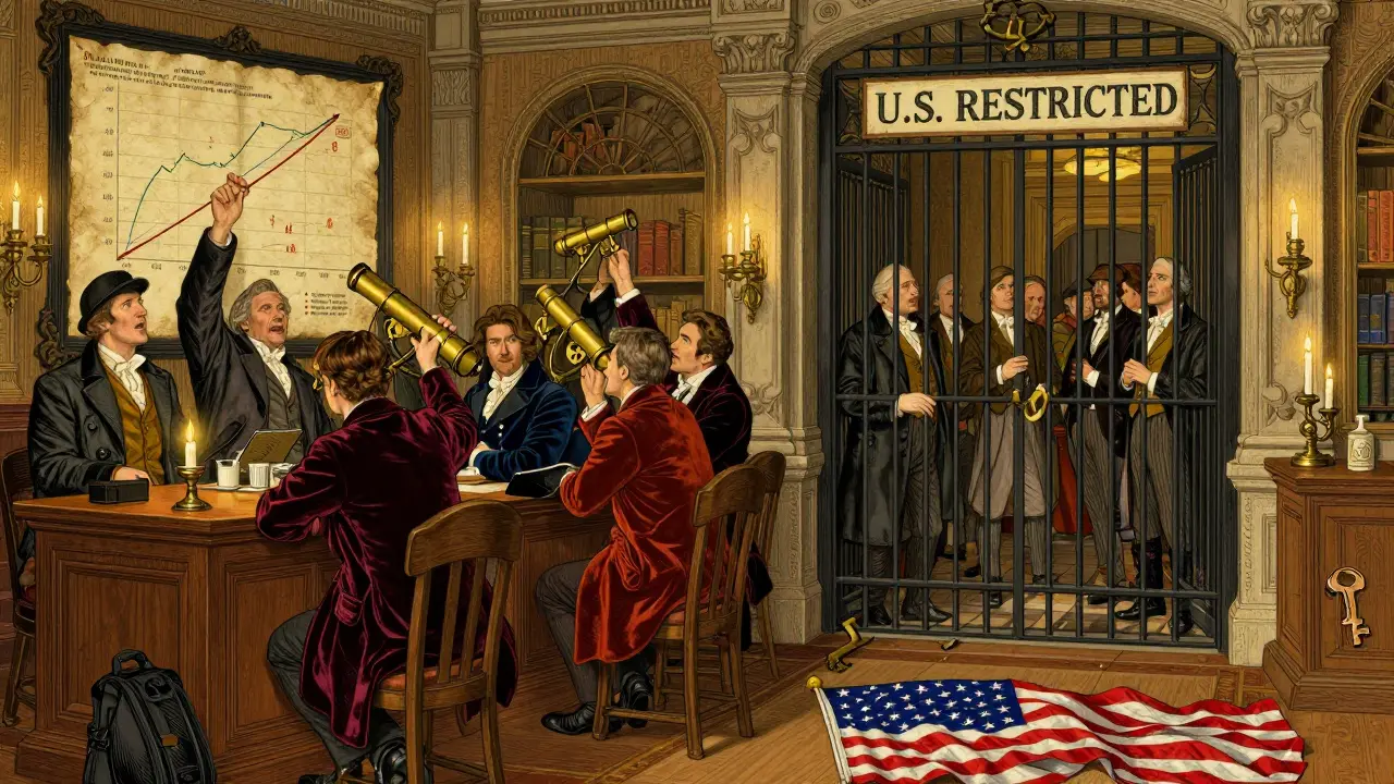Traders in historical attire celebrate Bitcoin gains while a barred gate blocks U.S. access.