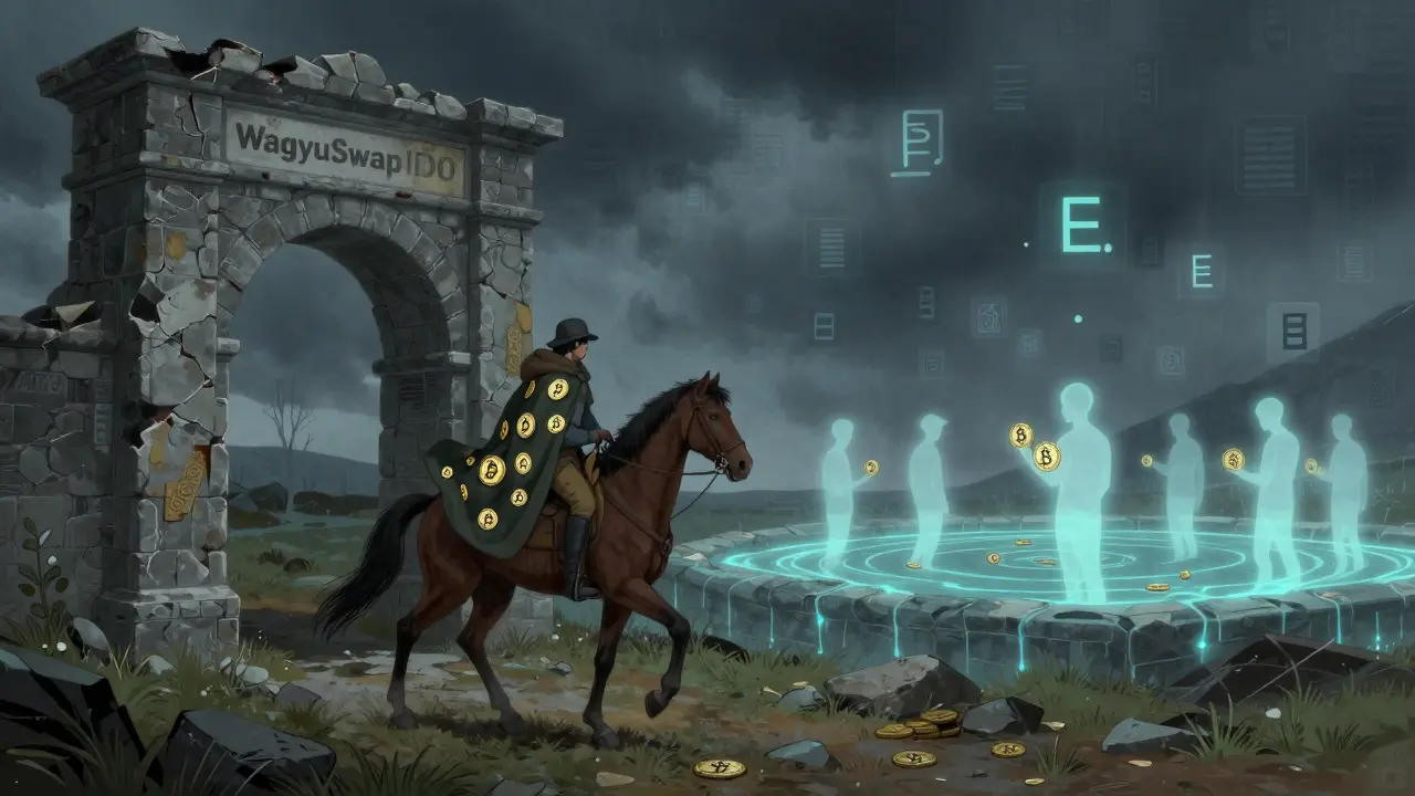 Traveler riding past a crumbling WagyuSwap IDO archway with ghostly staking pools in the distance.