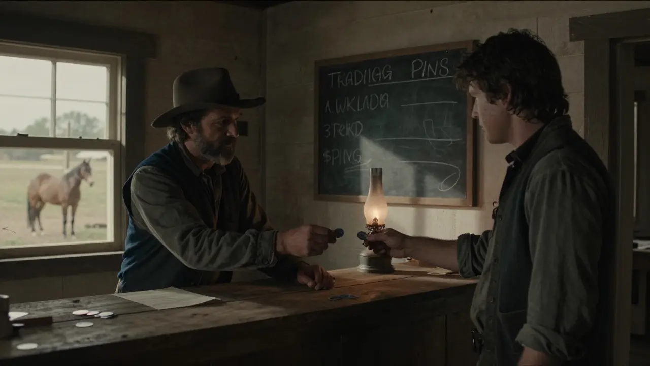 Two figures trade tokens in a dim frontier post, with only four pairs listed on a faded chalkboard under an oil lamp.