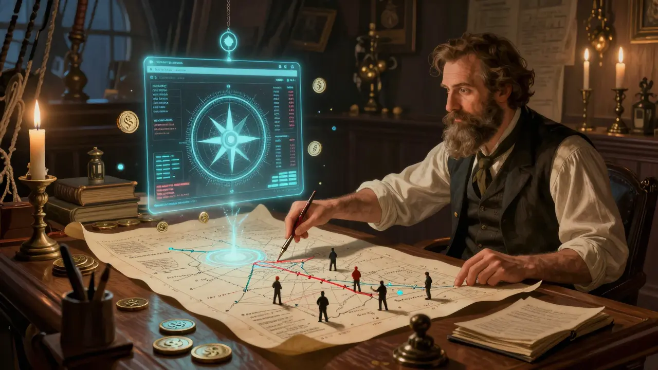 A candlelit trading room on a sailing ship, where a fund manager's on-chain strategy is copied by traders with quills under glowing USDC coins.