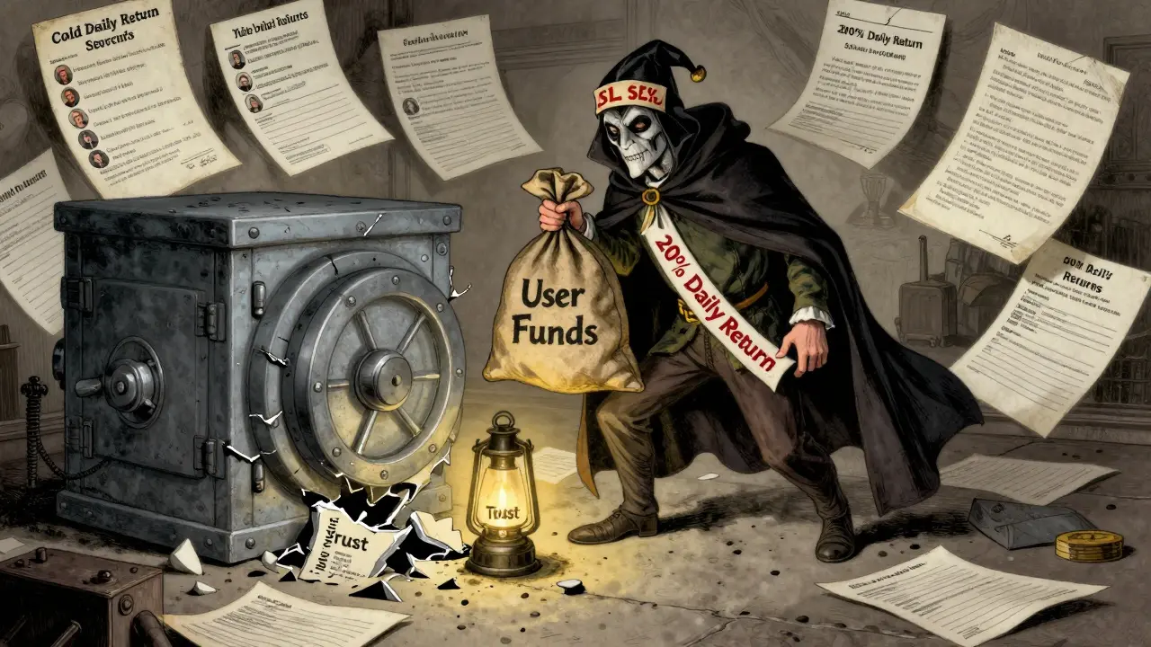 A cloaked figure holds stolen funds over a broken vault, surrounded by fake promises and expired domain papers.