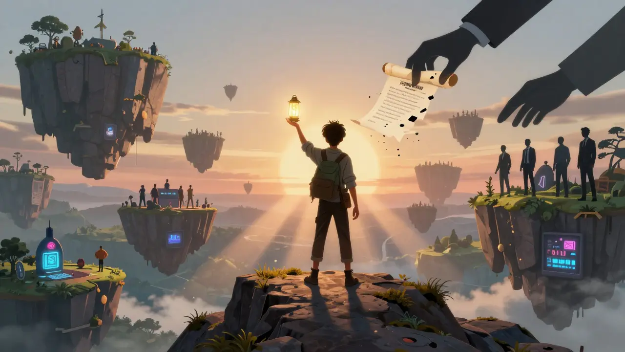 A creator stands on a cliff holding a $IP token as digital worlds bloom behind them.