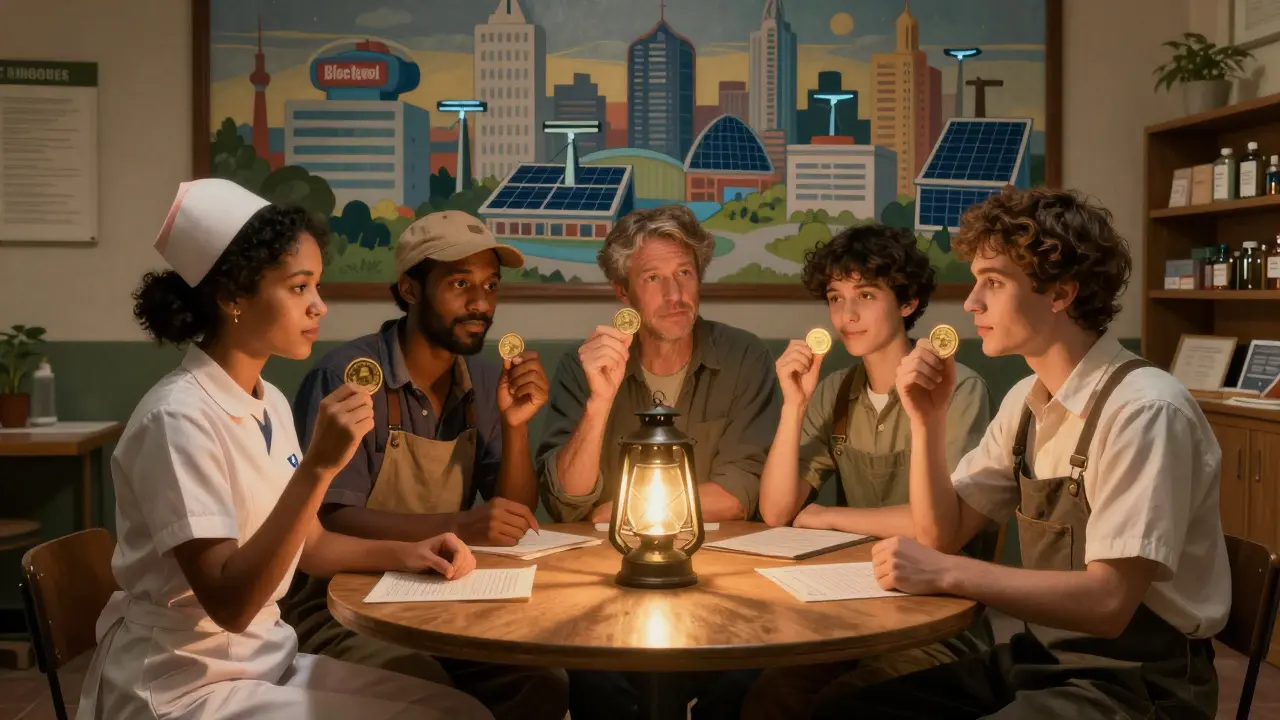 A diverse group of people sharing blockchain tokens around a lantern-lit table, symbolizing real-world adoption in everyday life.
