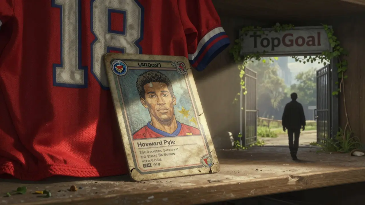 A faded NFT card on a dusty shelf beside a forgotten jersey, sunlight highlighting its decay.