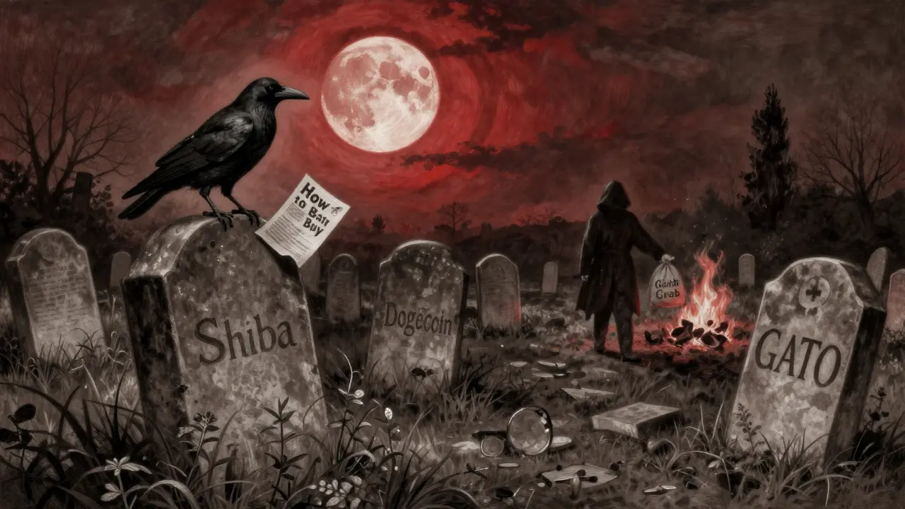 A graveyard of crypto tokens under a red moon, with GATO's cracked tombstone overgrown in weeds and a crow holding a flyer.