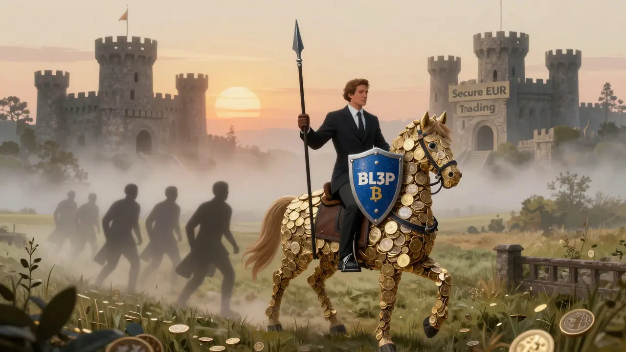 A knight on a coin-horse bearing the BL3P shield, riding toward a secure castle as risky crypto figures fade into fog.