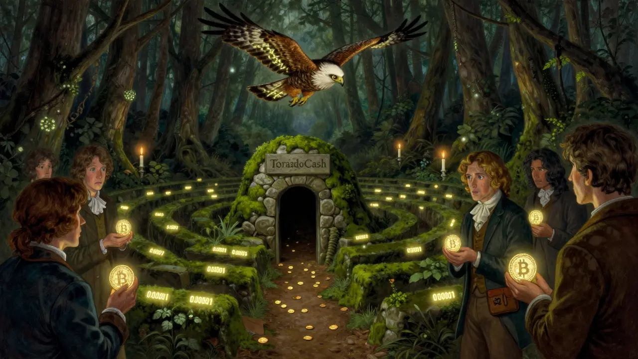 A labyrinth of glowing wallets in a dark forest with breadcrumbs leading to a trapdoor marked 'Tornado Cash'.
