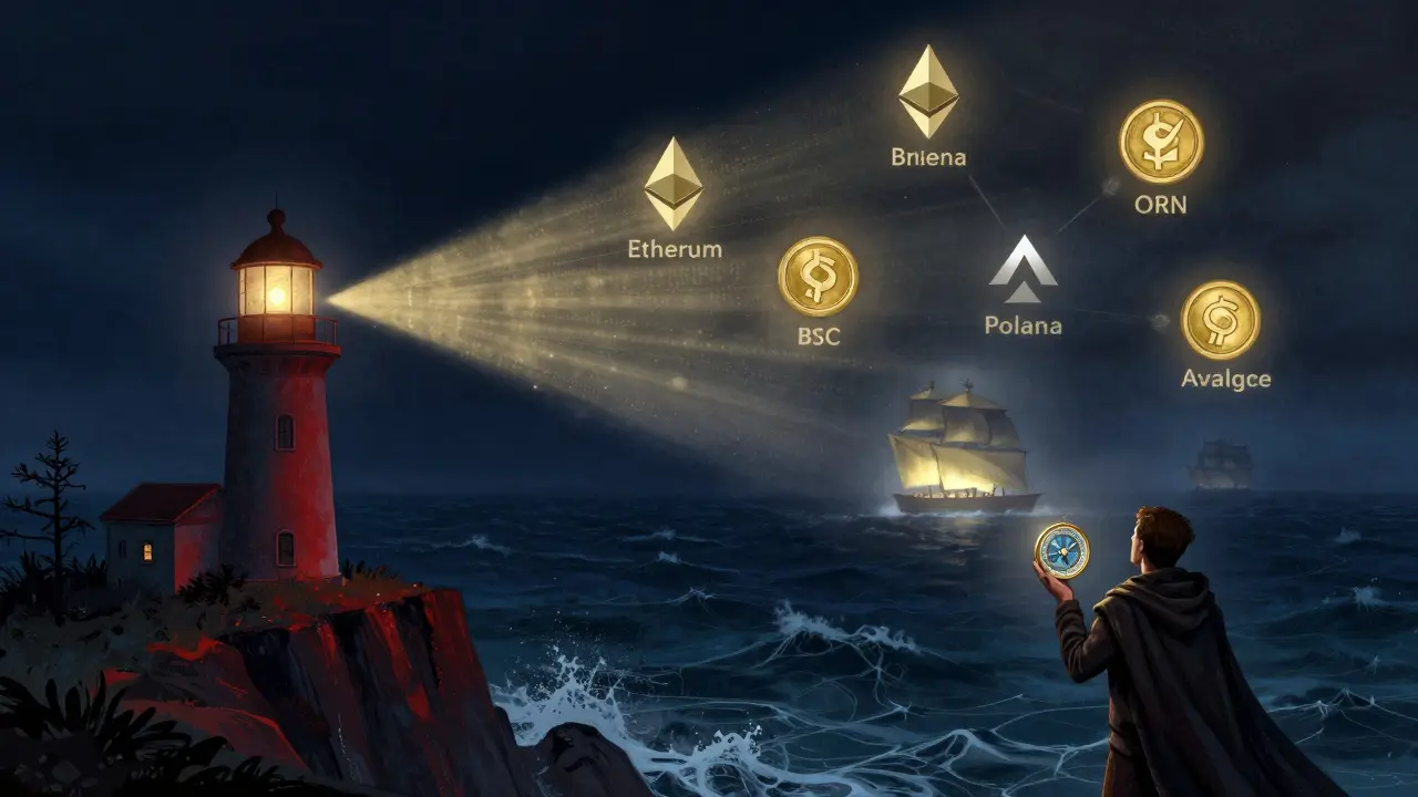 A lighthouse shaped like Orion Terminal shines across a stormy sea, illuminating only two of five blockchain ships, while a trader holds a compass-like ORN token.
