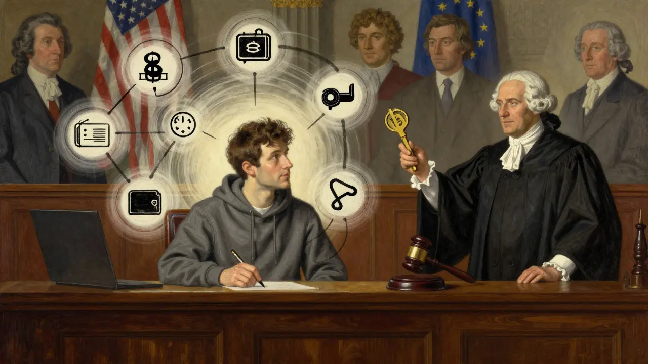 A man in a hoodie in a courtroom surrounded by floating blockchain diagrams and a judge with a crypto key gavel.