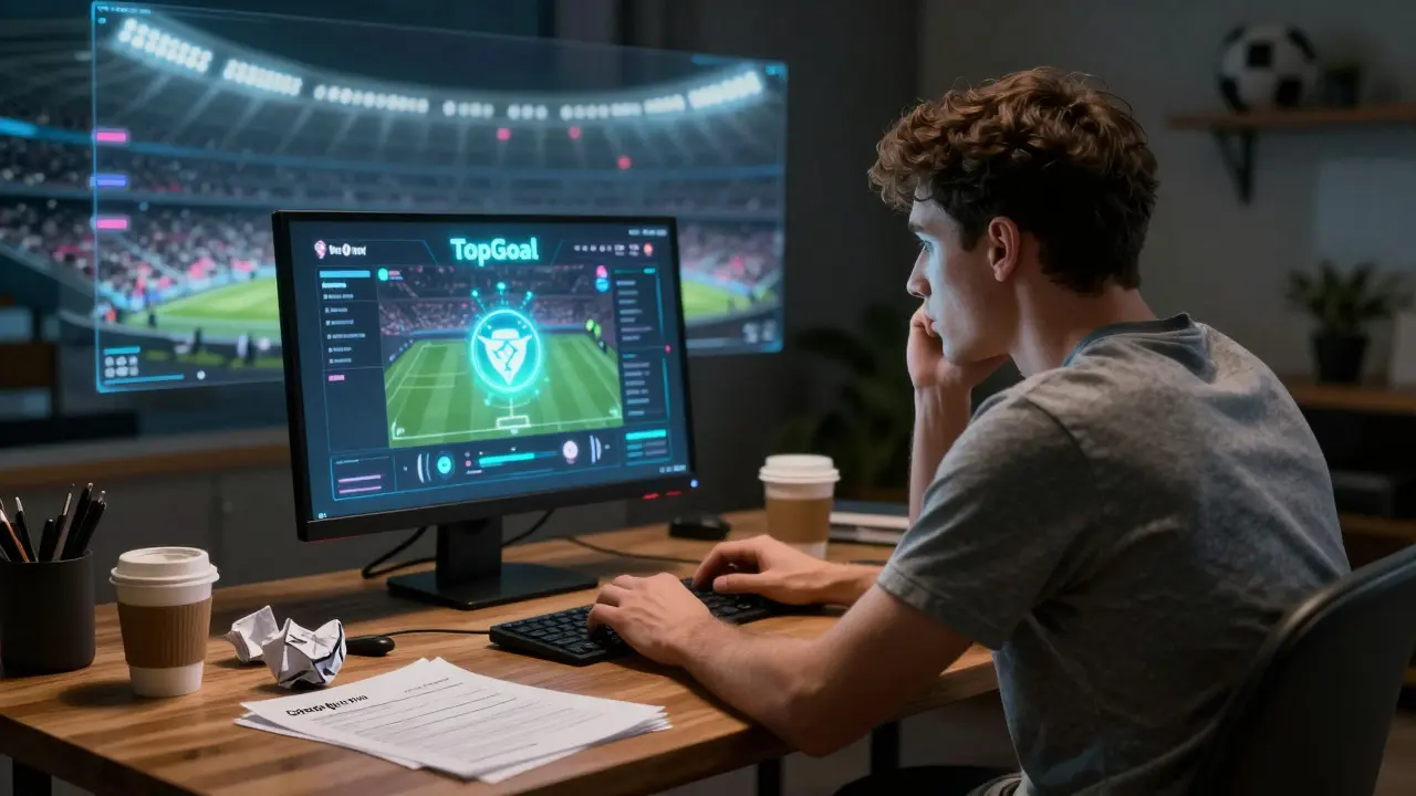 A man staring at a flickering NFT on a screen, surrounded by empty cups and a half-filled form.