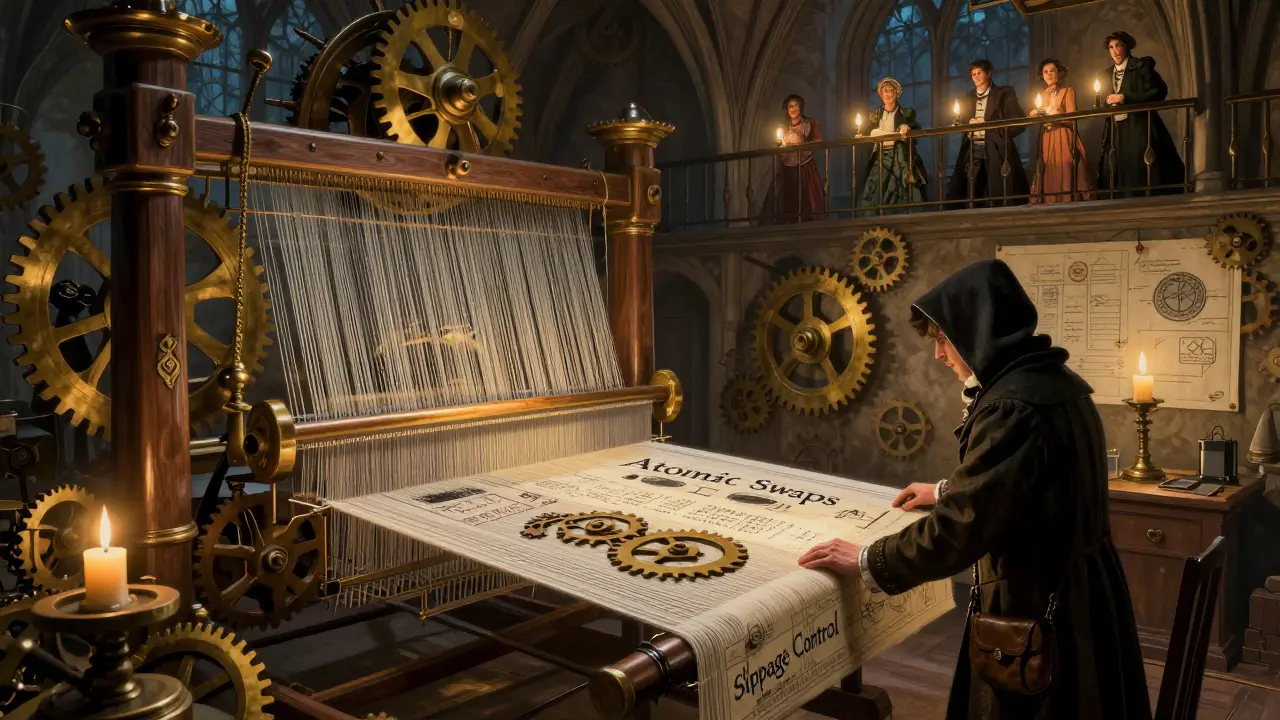 A mechanical loom weaves crypto liquidity threads in a grand vaulted chamber, with a trader adjusting gears as users observe from balconies.
