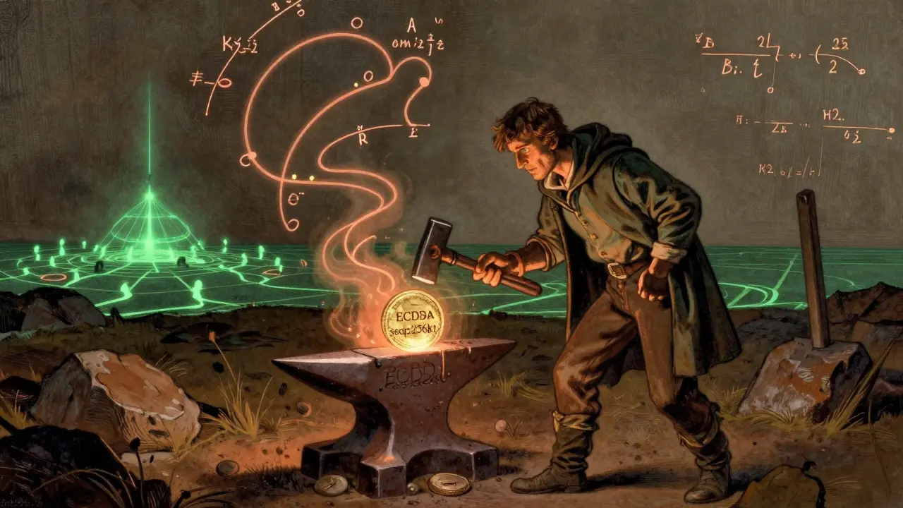 A miner forges a digital signature at a forge inscribed with elliptic curve math, surrounded by glowing equations.