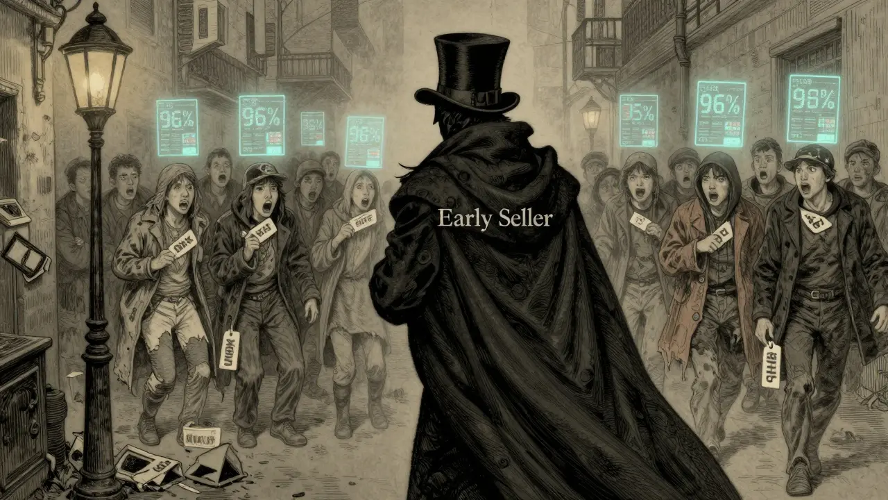 A shadowy figure escapes as confused newcomers cling to SELFIE tokens, surrounded by fading crypto symbols.