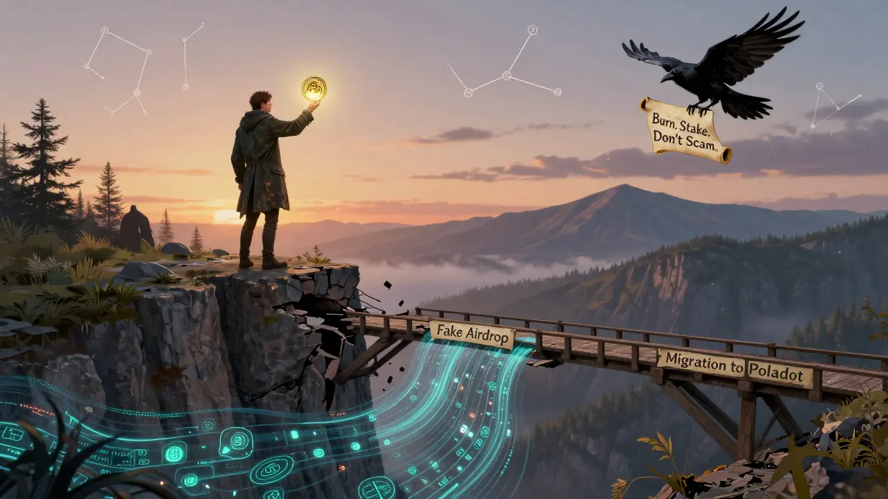 A staker on a cliff holding a PBR token as a fake bridge collapses and a real one forms toward distant mountains.