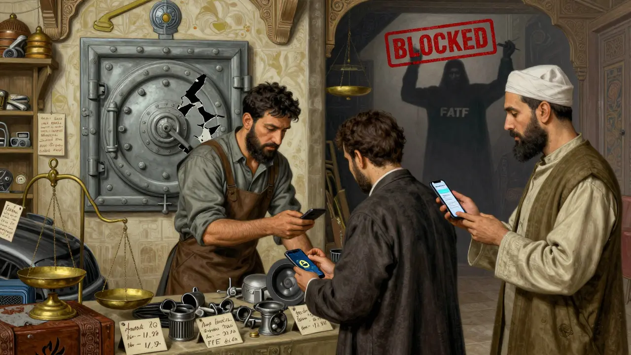 A Tehran market vendor accepts Bitcoin payments while a shadowy FATF symbol looms in the background.