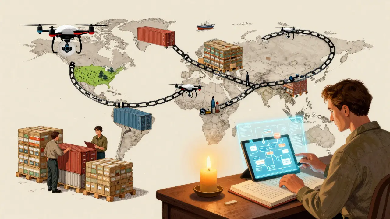 A Texas warehouse with workers using blockchain ledgers to track global shipments, rendered in Howard Pyle's detailed illustrative style.