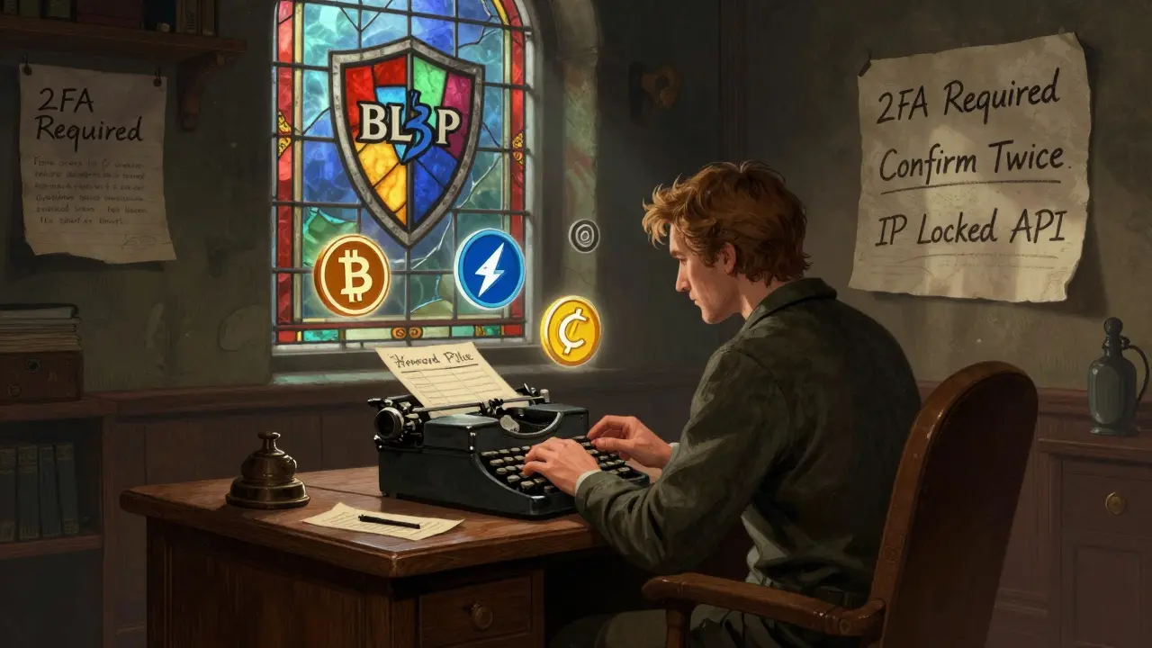 A trader at an oak desk with crypto icons floating around, a stained-glass BL3P shield casting light on security rules.