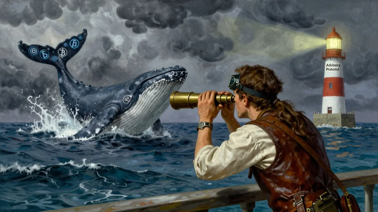 A trader using a telescope to watch a leveraged whale breach the ocean, guided by a lighthouse labeled 'Advisory Protocol' amid stormy crypto clouds.