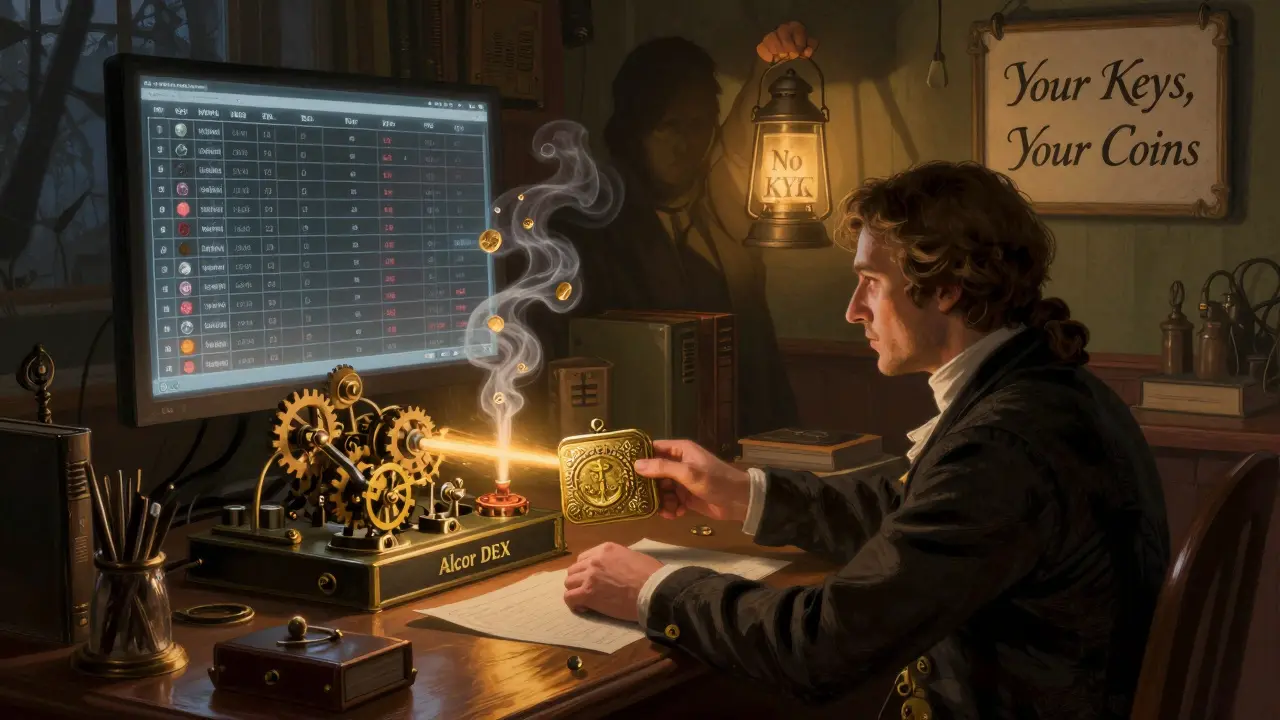 A user connects a brass wallet to a mechanical DEX interface with swirling digital tokens in a colonial study.