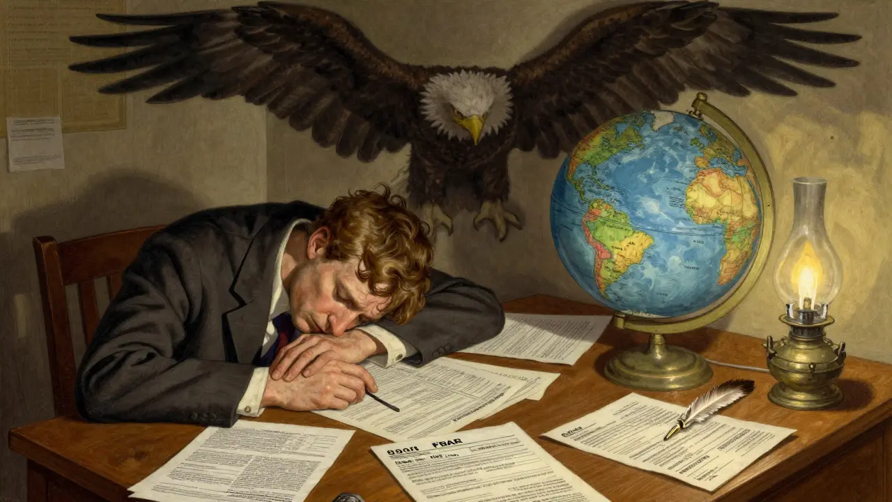 American at desk with tax forms and IRS eagle shadow in vintage illustration style