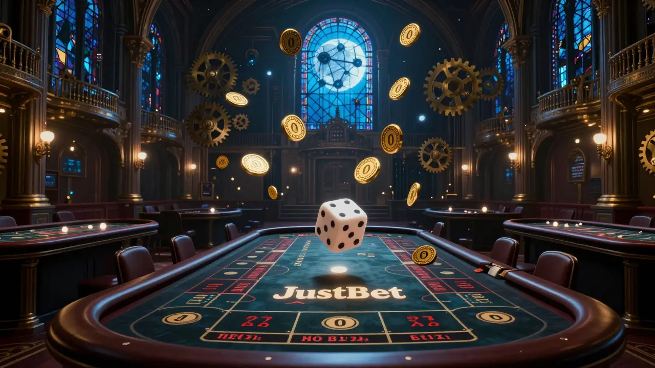 An empty casino hall with floating WINR tokens marked '0' illuminated by moonlight.