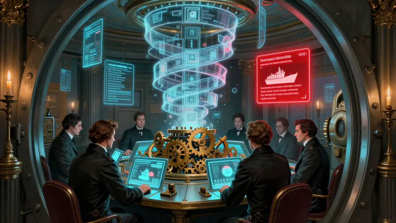Bank clerks operate holographic ledgers in a vault transformed into a digital command center.