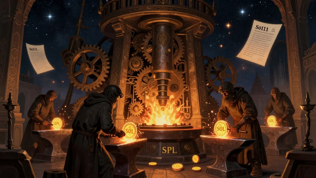 Blacksmiths forge wSOL tokens in a mechanical forge with glowing SPL contracts and arcane gears.