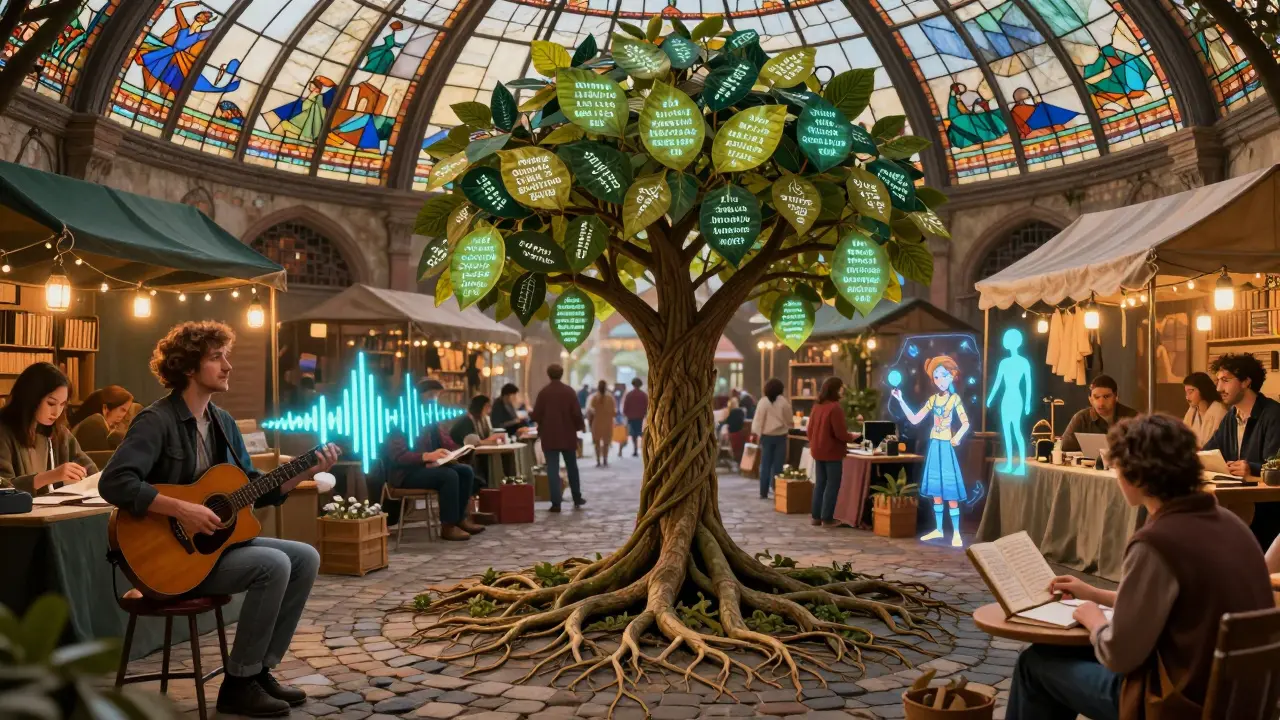 Creators exchanging digital assets in a mystical marketplace beneath a stained-glass dome.