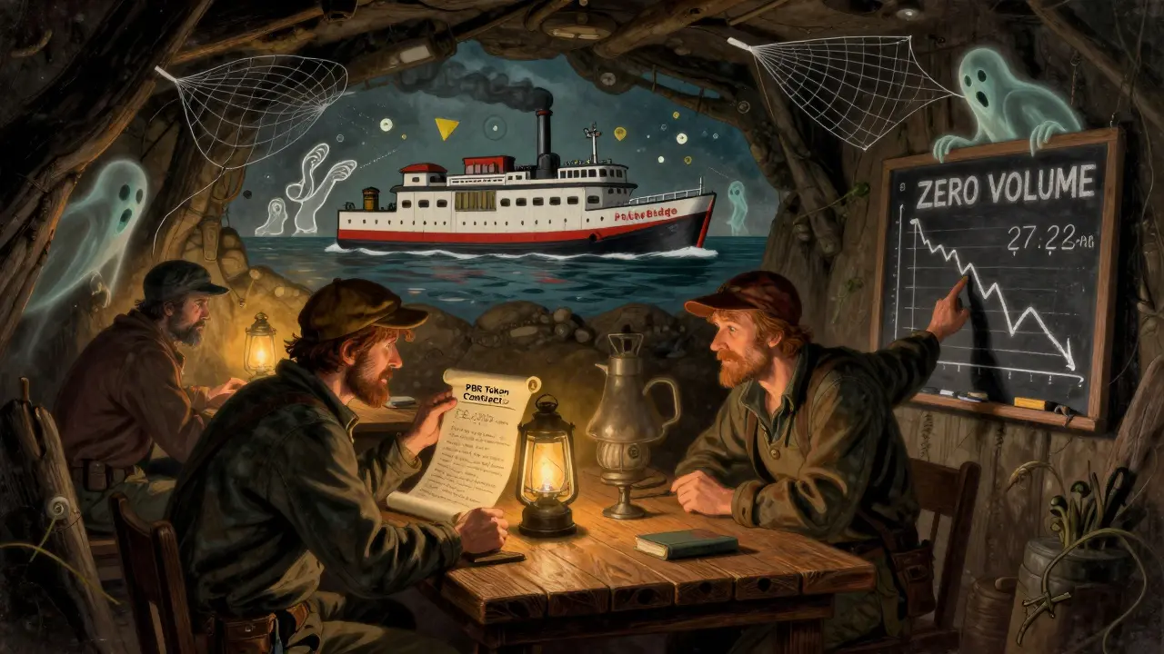 Crypto prospectors in a dim den studying token contracts and price graphs, with a mural of a steam ferry bridging blockchains.