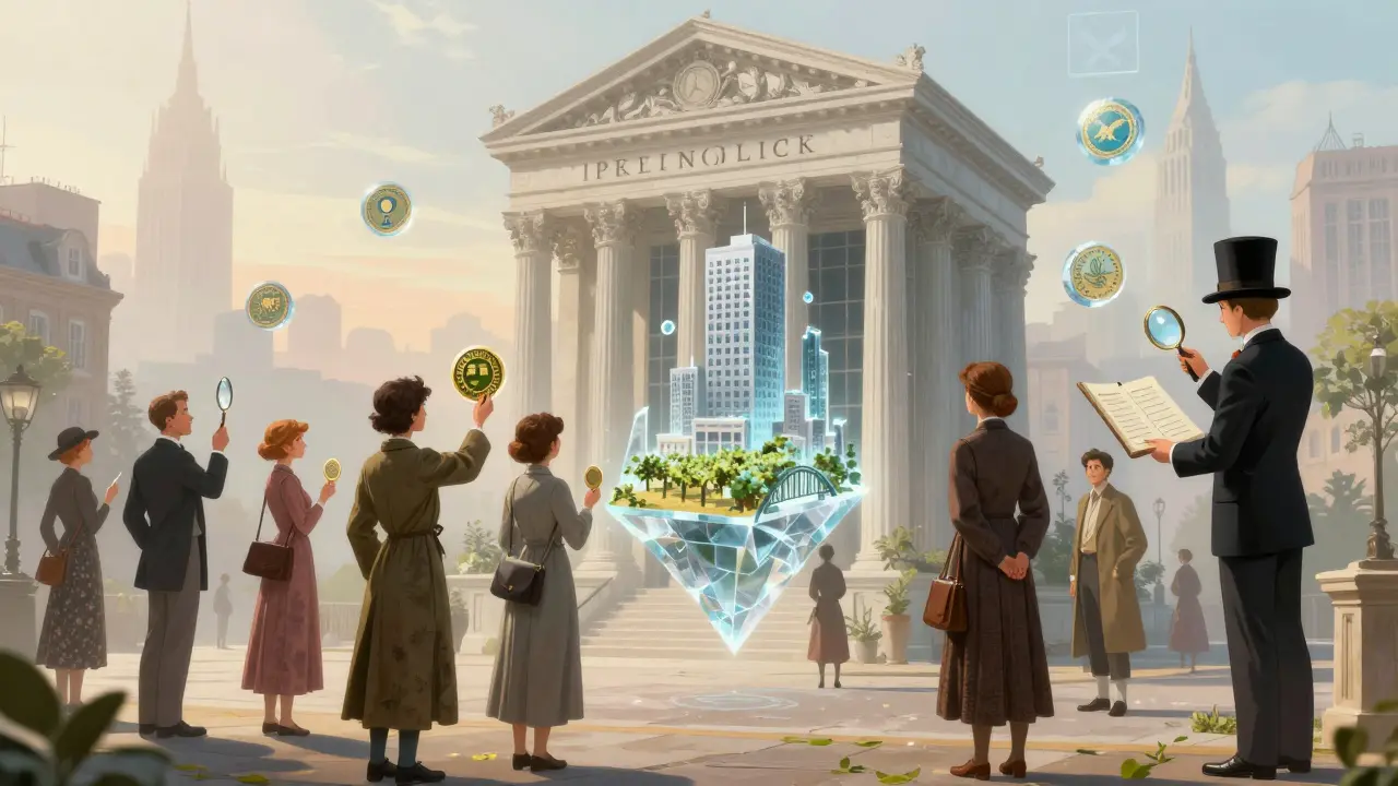 Customers hold digital asset tokens before a floating blockchain bank tower at dawn.