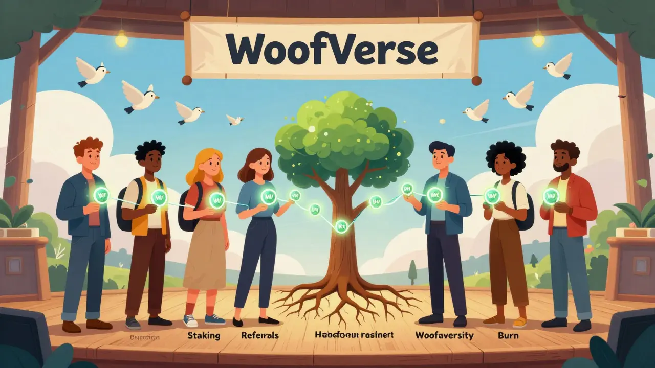 Diverse freelancers on stage holding WOOF tokens, connected by a glowing ecosystem tree with staking and education roots.