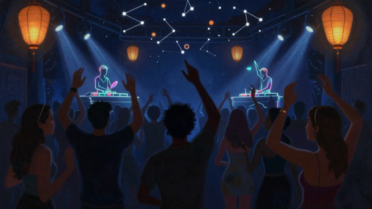 Fans dance in a virtual Manila club, tipping DMCC tokens toward a DJ as digital lanterns glow above.