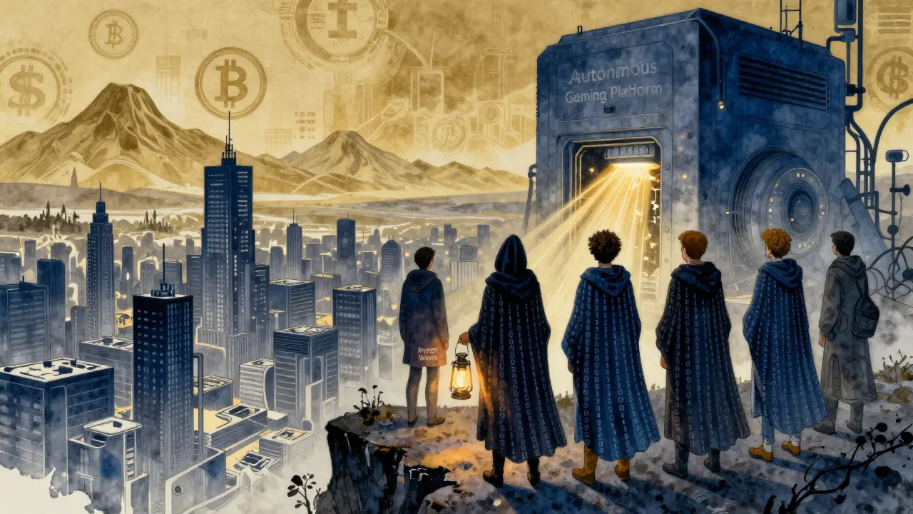 Five figures stand before an unfinished digital city as a massive gaming machine awakens.