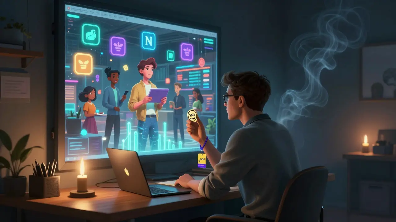 Freelancer choosing between old corporate platform and bright decentralized marketplace, WOOF token in hand.