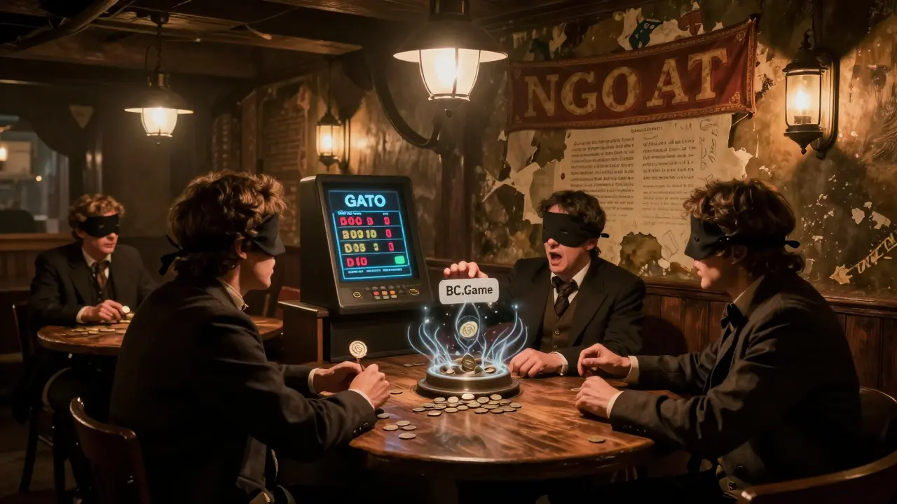 Gamblers in a dim candlelit den watch a GATO price chart, with a spectral hand pulling money into a casino-themed vortex.